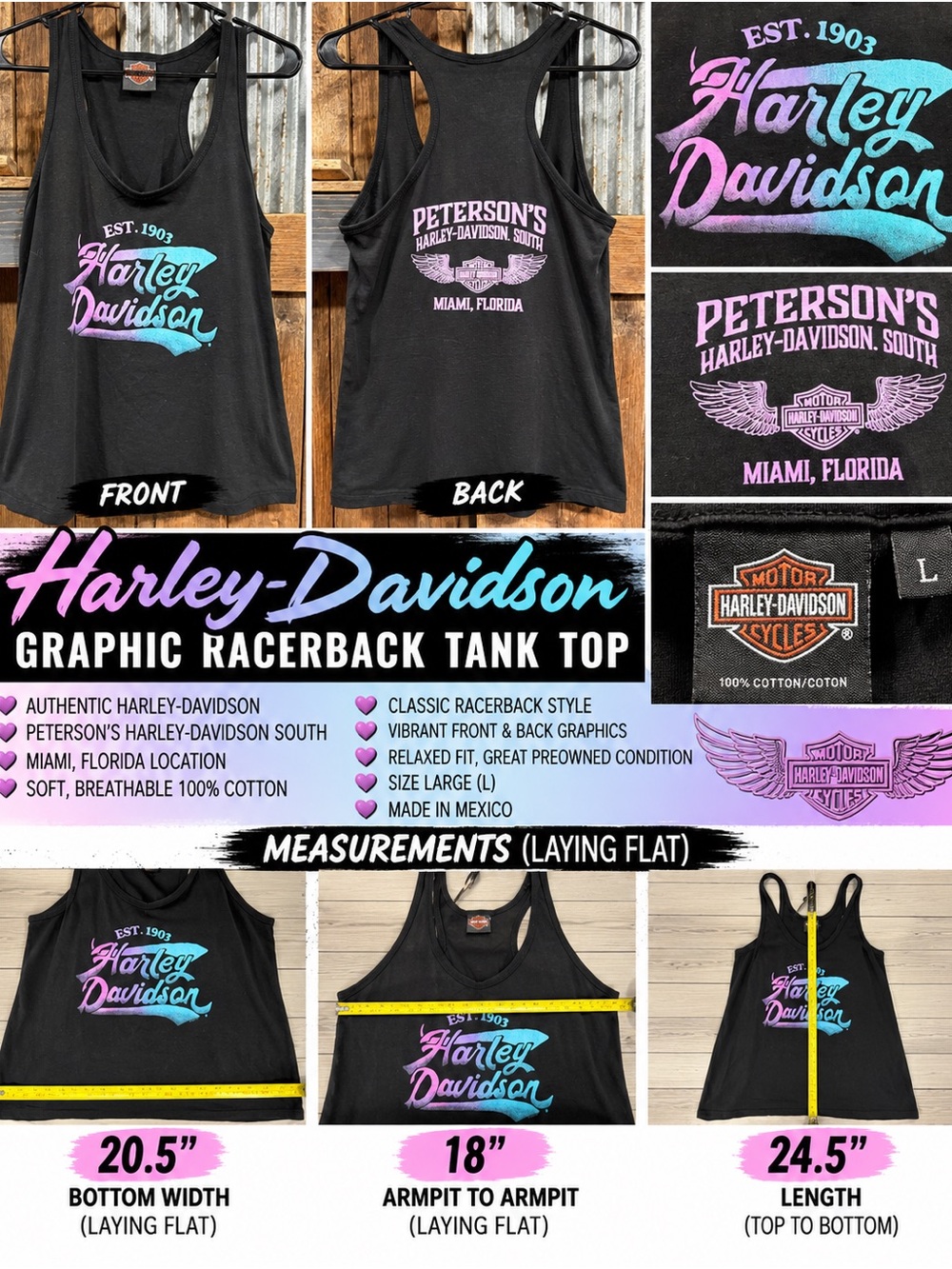 Harley-Davidson Black Tank Top with Pink & Teal Gradient Logo